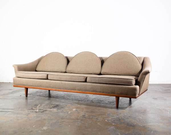 Mid Century Danish Modern Crescent Three-Seat Sofa Grey Tweed Fabric Vintage Solid Walnut Frame American Design - Image 3
