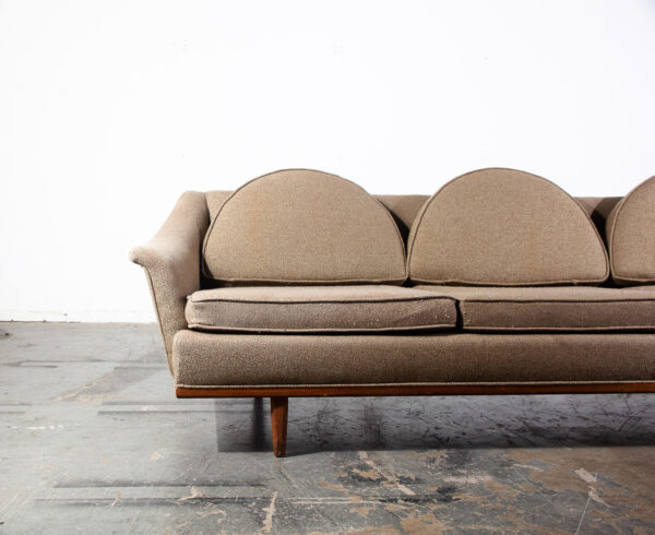 Mid Century Danish Modern Crescent Three-Seat Sofa Grey Tweed Fabric Vintage Solid Walnut Frame American Design - Image 6