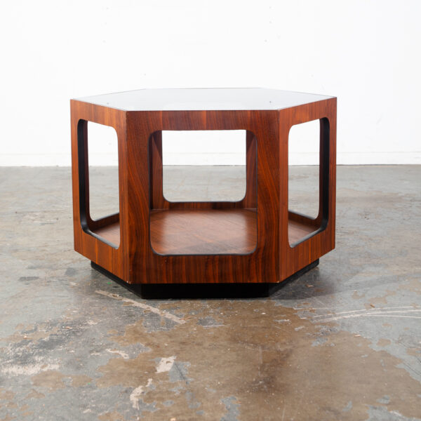 Mid Century Modern End Table Side Hexagon Lane Smoked Glass Nightstand Walnut Vintage Wood Geometrical - Image 7