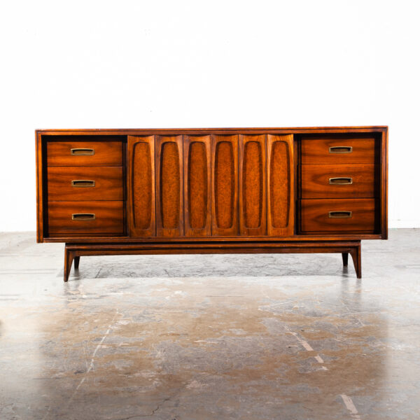 Mid Century Modern Dresser Credenza Kent Coffey 9 Drawer Sculpted Walnut Vintage Danish Large Wide Media Sliding Doors - Image 2