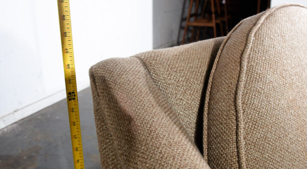 Mid Century Danish Modern Crescent Three-Seat Sofa Grey Tweed Fabric Vintage Solid Walnut Frame American Design - Image 11