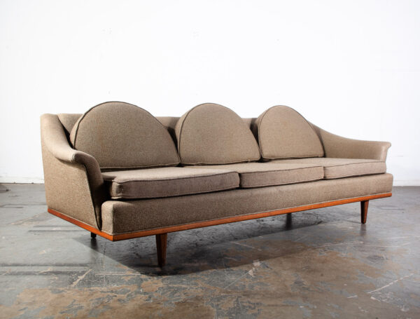 Mid Century Danish Modern Crescent Three-Seat Sofa Grey Tweed Fabric Vintage Solid Walnut Frame American Design - Image 2