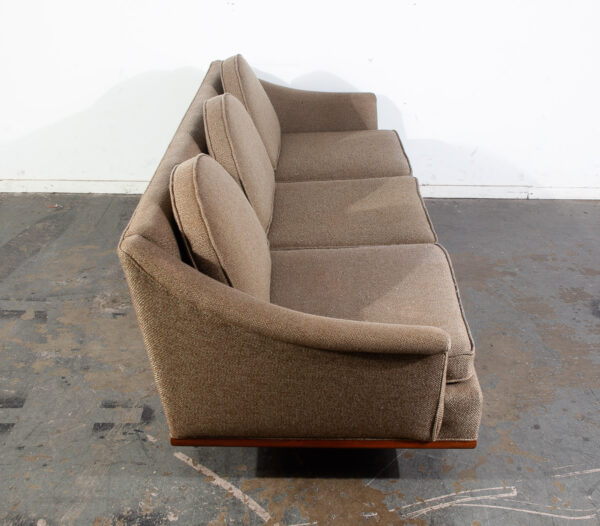 Mid Century Danish Modern Crescent Three-Seat Sofa Grey Tweed Fabric Vintage Solid Walnut Frame American Design - Image 4