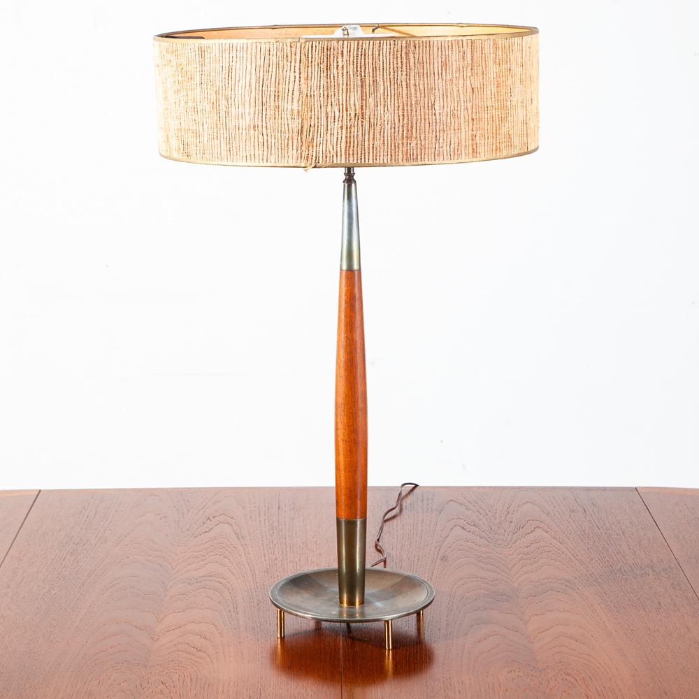 Mid Century Modern Table Lamp Tommi Parzinger Stiffel Wood 3 Light Lighting Mcm Round Large Tall Solid Walnut Metal Lightolier - Image 2