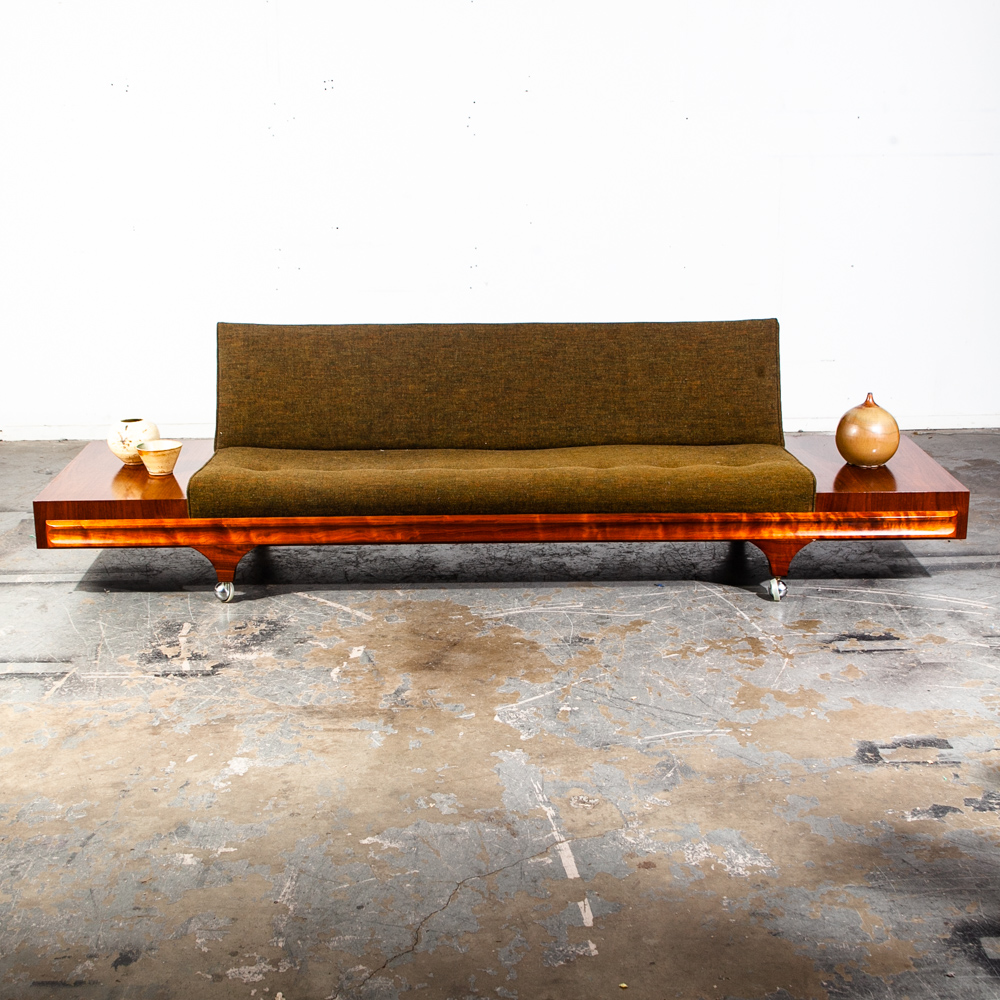 Mid Century Modern Sofa Couch Gondola Martin Borenstein Platform Walnut Green NM - Image 4