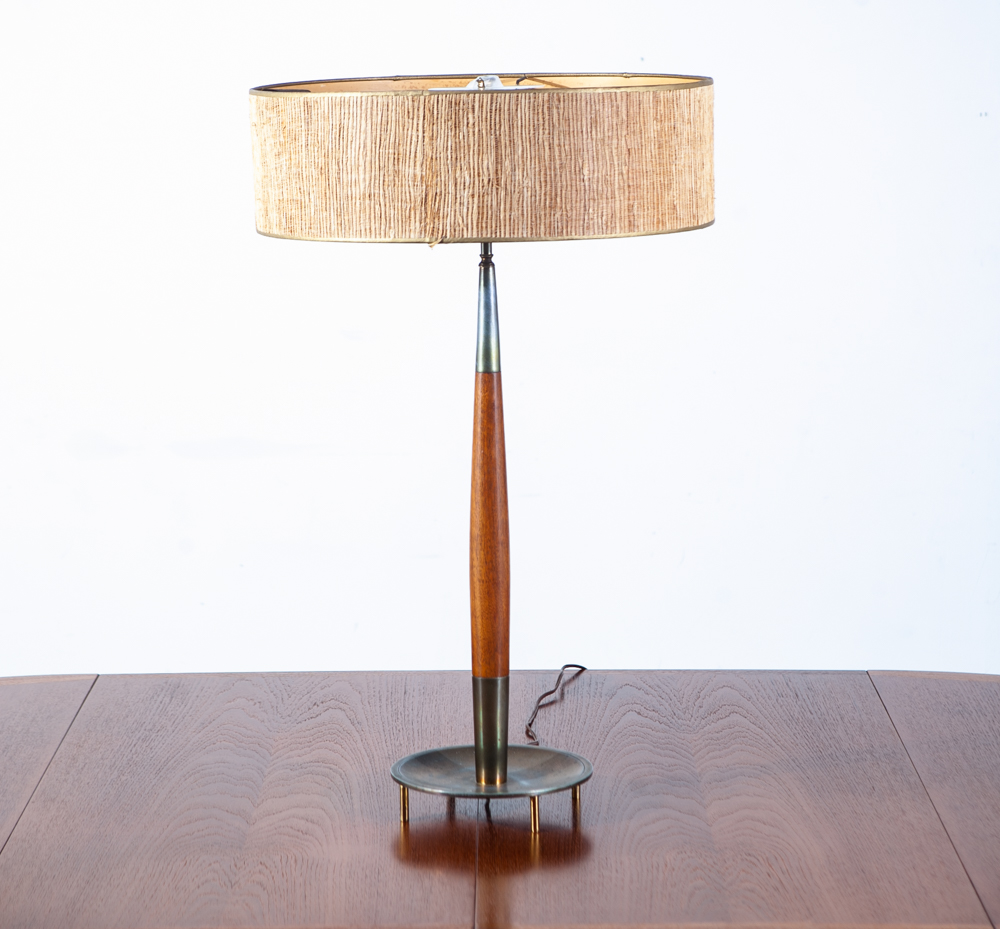 Mid Century Modern Table Lamp Tommi Parzinger Stiffel Wood 3 Light Lighting Mcm Round Large Tall Solid Walnut Metal Lightolier - Image 11