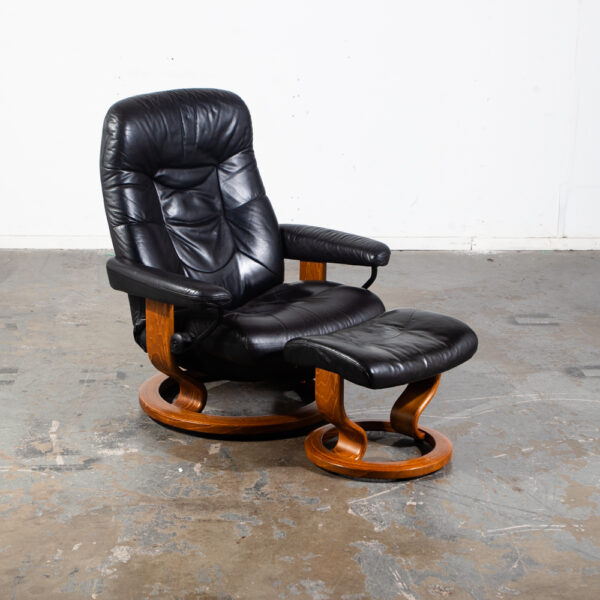 Mid Century Danish Modern Lounge Chair Ekornes Stressless Black Ottoman Recliner Vintage Armchair Teak Wood - Image 8