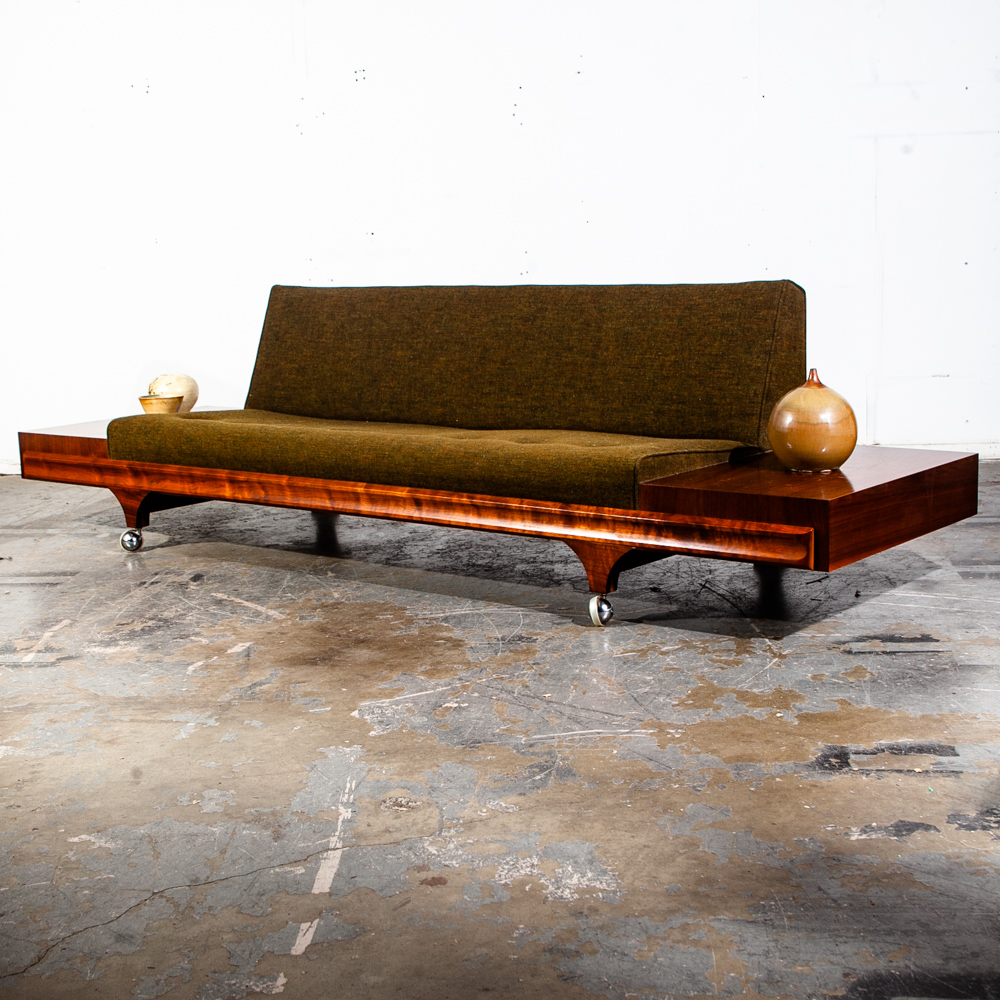 Mid Century Modern Sofa Couch Gondola Martin Borenstein Platform Walnut Green NM - Image 3