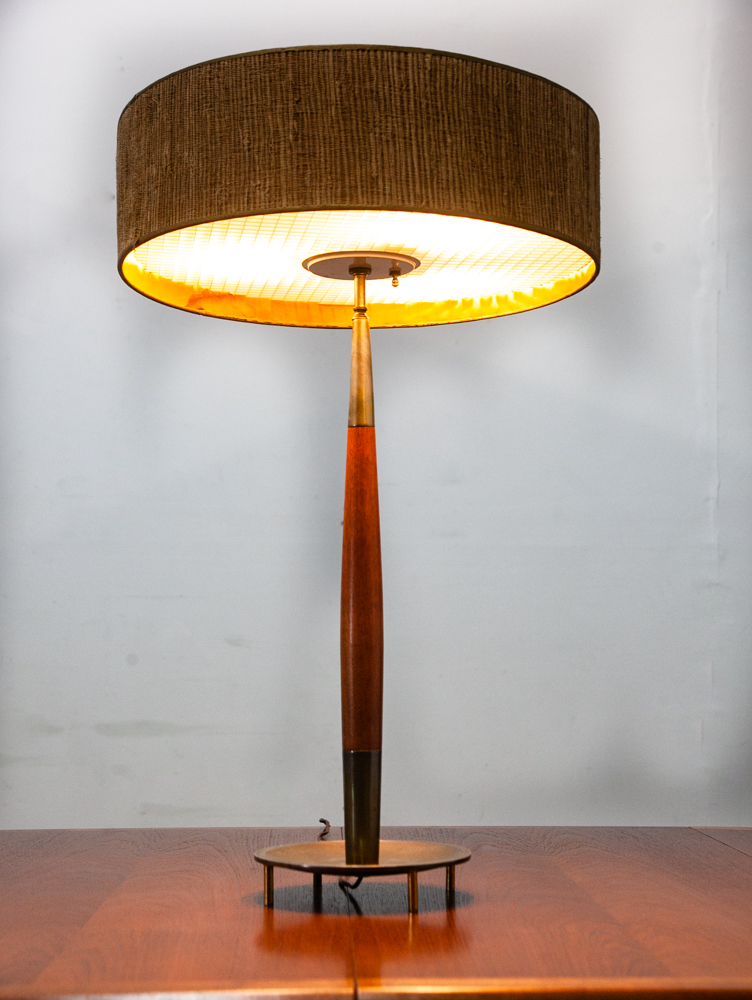 Mid Century Modern Table Lamp Tommi Parzinger Stiffel Wood 3 Light Lighting Mcm Round Large Tall Solid Walnut Metal Lightolier - Image 3