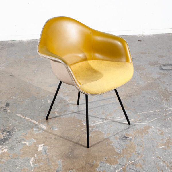 Mid Century Modern Shell Chairs 2 Fiberglass Herman Miller Eames Mustard Yellow Arm Set Armchair DAX H Base - Image 6