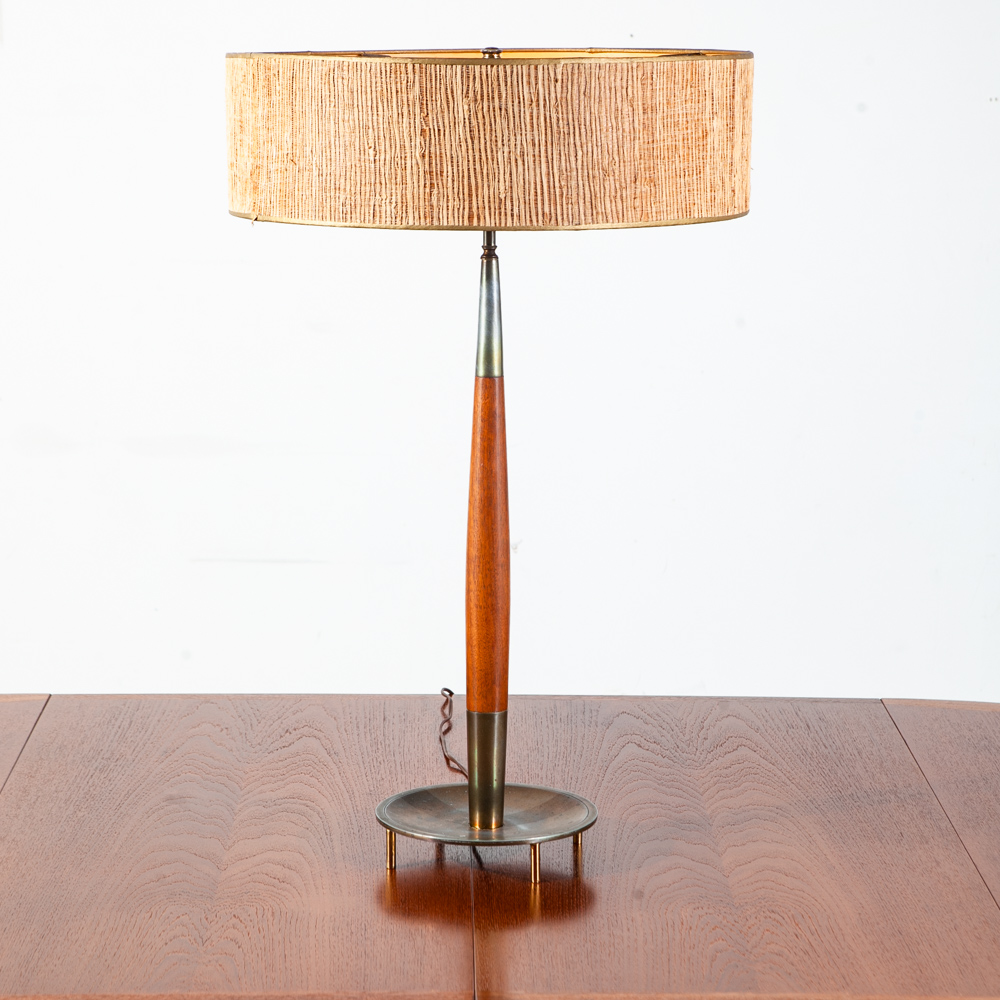 Mid Century Modern Table Lamp Tommi Parzinger Stiffel Wood 3 Light Lighting Mcm Round Large Tall Solid Walnut Metal Lightolier - Image 4