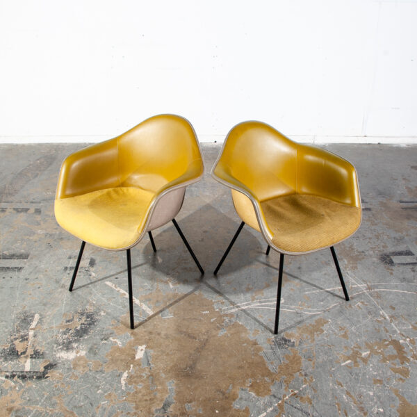 Mid Century Modern Shell Chairs 2 Fiberglass Herman Miller Eames Mustard Yellow Arm Set Armchair DAX H Base - Image 3