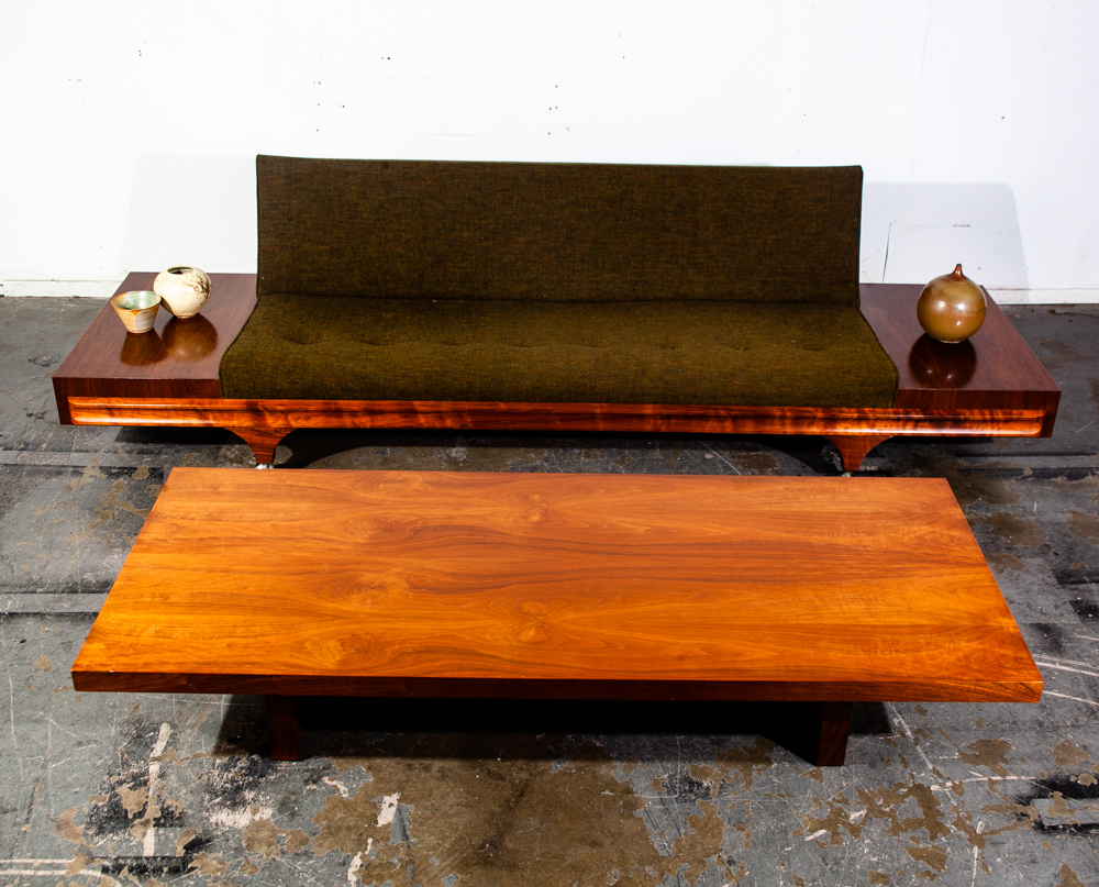 Mid Century Modern Sofa Couch Gondola Martin Borenstein Platform Walnut Green NM - Image 10