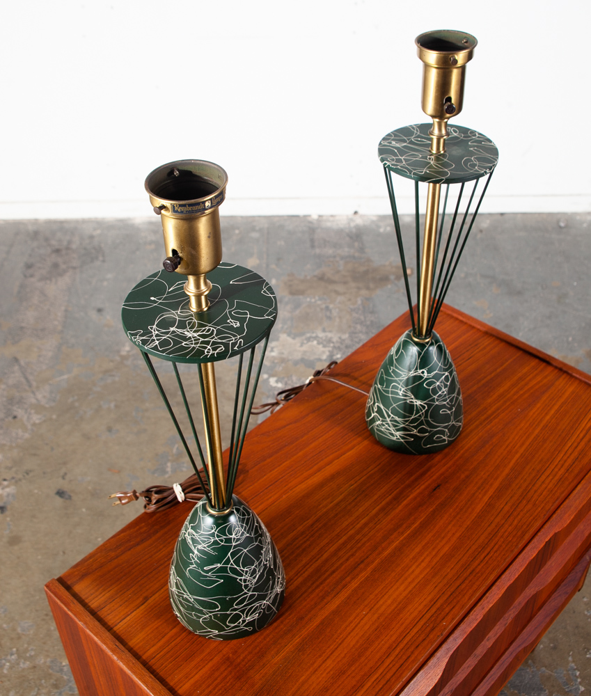 Mid Century Modern Table Lamp Set Pair Rembrandt Masterpieces Light Lighting Solid Brass Green Gold - Image 7