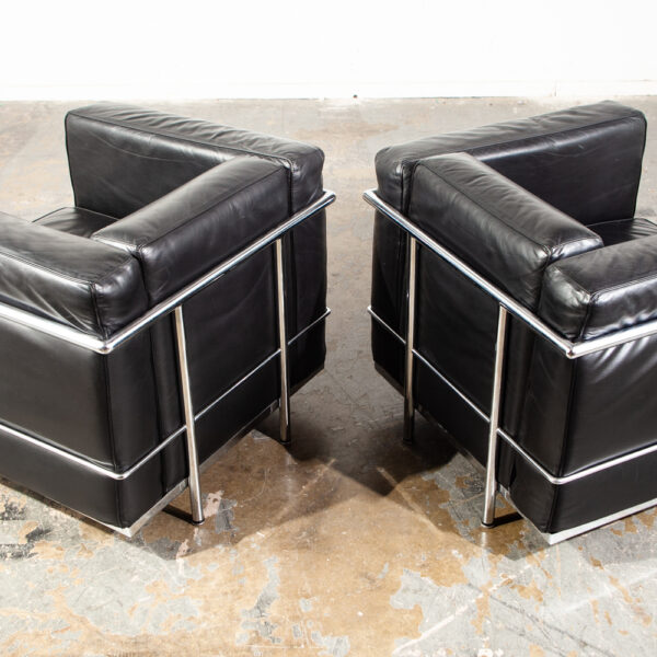 Mid Century Modern Lounge Chairs La Corbusier LC2 Black  Leather Alivar Italy Italian Cassina Danish Chrome Metal Petite Armchair - Image 12