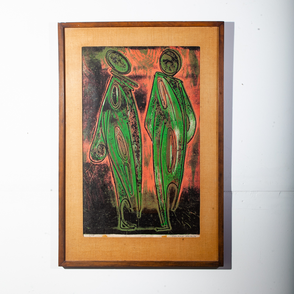 Mid Century Modern Original Art Print Woodcut Abstract Falaka Armide 1975 Signed Ethiopian Expressionism Black Green Salmon