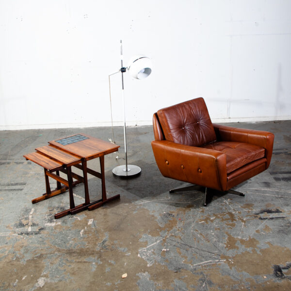 Mid Century Danish Modern Lounge Chair Svend Skipper Brown Tan Leather Cognac Swivel - Image 11