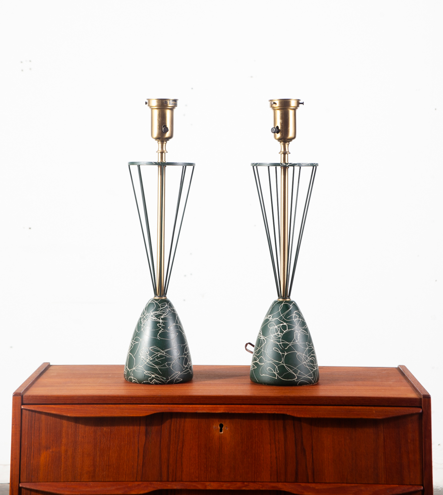 Mid Century Modern Table Lamp Set Pair Rembrandt Masterpieces Light Lighting Solid Brass Green Gold - Image 2