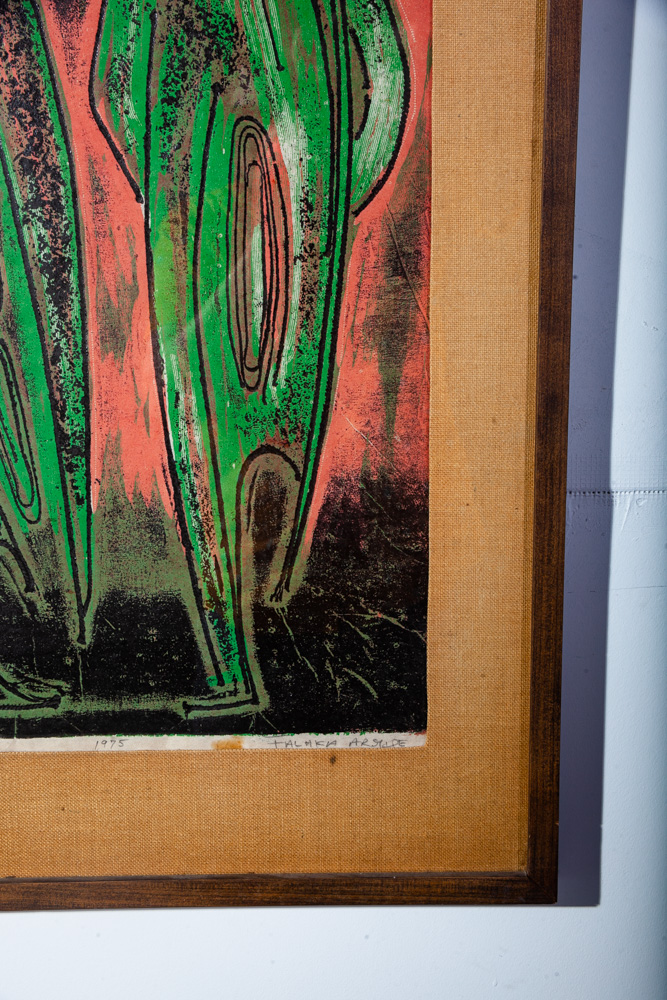 Mid Century Modern Original Art Print Woodcut Abstract Falaka Armide 1975 Signed Ethiopian Expressionism Black Green Salmon - Image 5