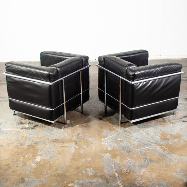 Mid Century Modern Lounge Chairs La Corbusier LC2 Black  Leather Alivar Italy Italian Cassina Danish Chrome Metal Petite Armchair - Image 3