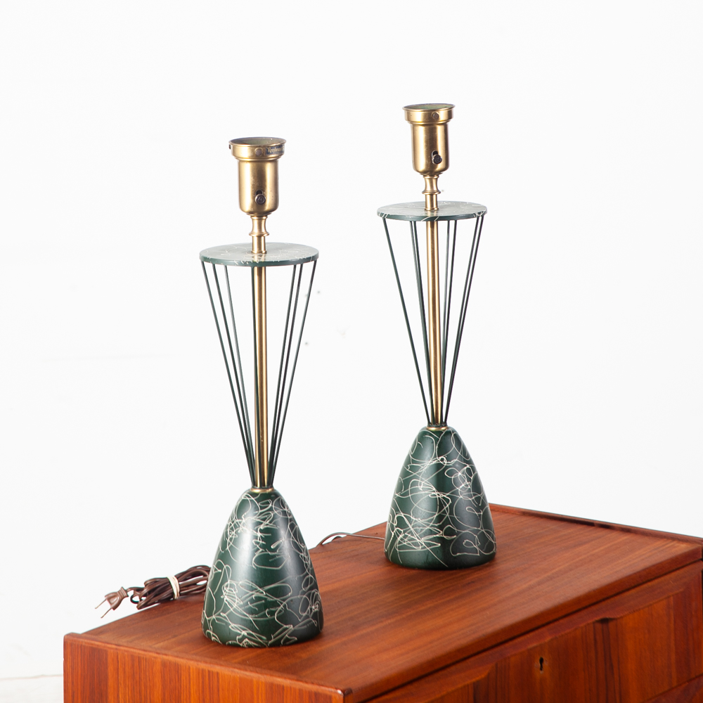 Mid Century Modern Table Lamp Set Pair Rembrandt Masterpieces Light Lighting Solid Brass Green Gold - Image 4