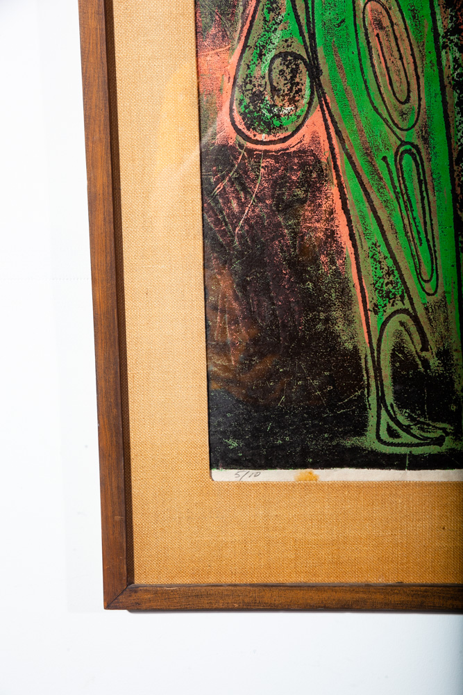 Mid Century Modern Original Art Print Woodcut Abstract Falaka Armide 1975 Signed Ethiopian Expressionism Black Green Salmon - Image 9