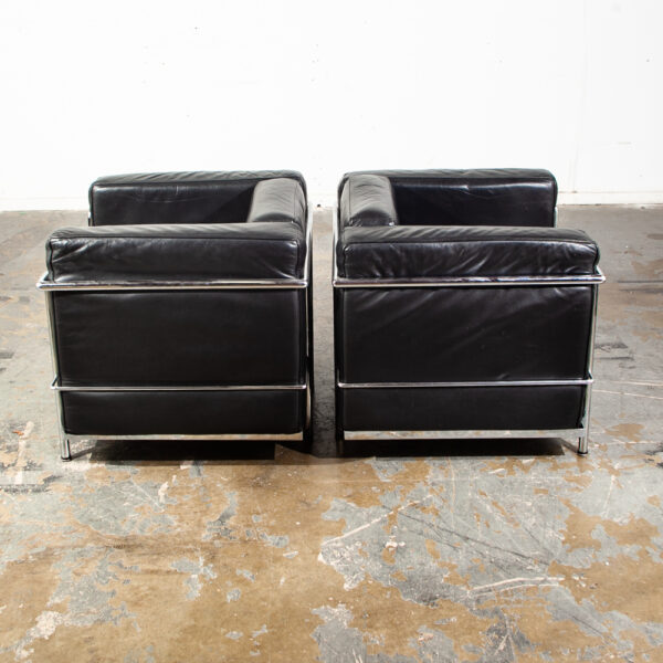Mid Century Modern Lounge Chairs La Corbusier LC2 Black  Leather Alivar Italy Italian Cassina Danish Chrome Metal Petite Armchair - Image 4