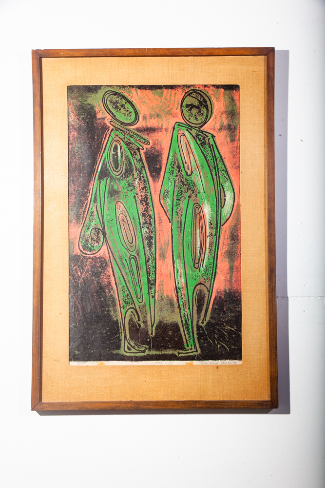 Mid Century Modern Original Art Print Woodcut Abstract Falaka Armide 1975 Signed Ethiopian Expressionism Black Green Salmon - Image 12
