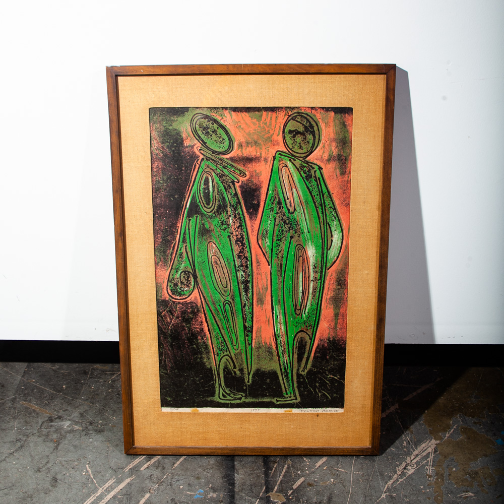 Mid Century Modern Original Art Print Woodcut Abstract Falaka Armide 1975 Signed Ethiopian Expressionism Black Green Salmon - Image 2