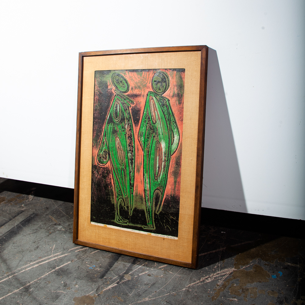 Mid Century Modern Original Art Print Woodcut Abstract Falaka Armide 1975 Signed Ethiopian Expressionism Black Green Salmon - Image 3
