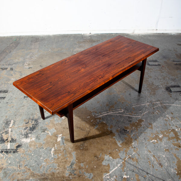 Mid Century Danish Modern Coffee Table Brazilian Rosewood Shelf Magazine rack Large Wide Surfboard Shelf