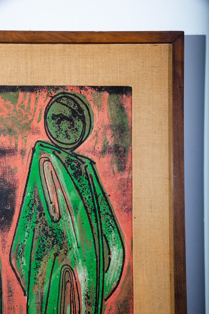 Mid Century Modern Original Art Print Woodcut Abstract Falaka Armide 1975 Signed Ethiopian Expressionism Black Green Salmon - Image 7