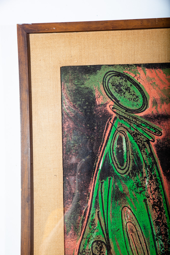 Mid Century Modern Original Art Print Woodcut Abstract Falaka Armide 1975 Signed Ethiopian Expressionism Black Green Salmon - Image 10