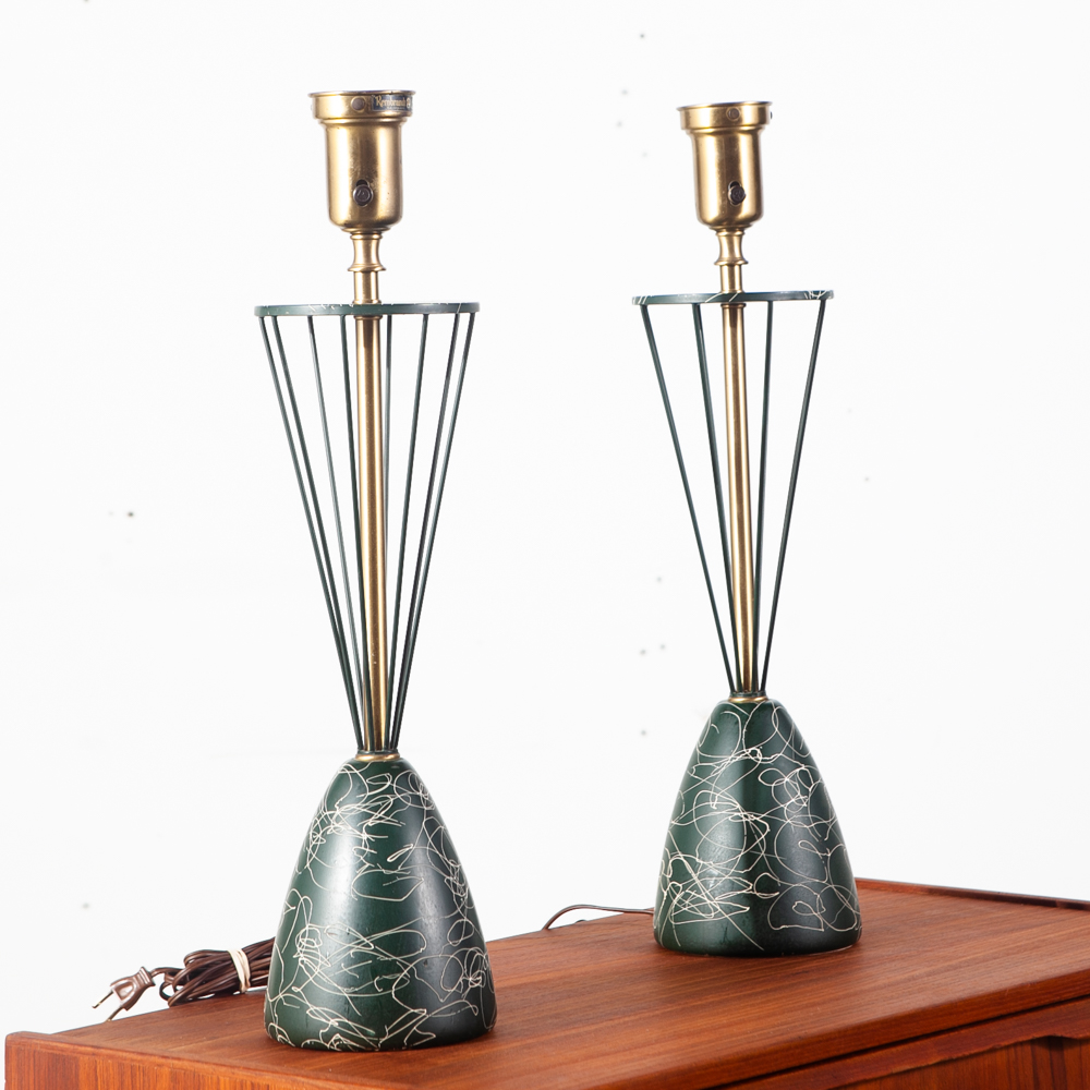 Mid Century Modern Table Lamp Set Pair Rembrandt Masterpieces Light Lighting Solid Brass Green Gold