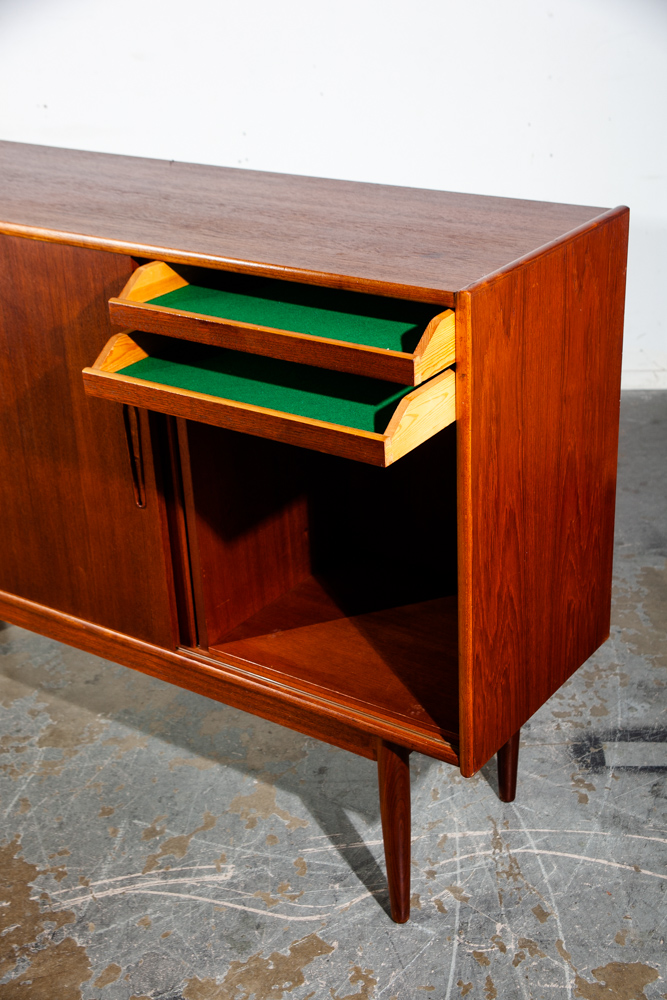 Mid Century Danish Modern Credenza Sideboard Teak Sliding Doors Denmark Vintage Storage Teak Drawers - Image 12