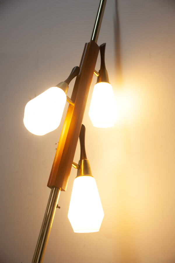 Mid Century Modern Floor Lamp Tension Pole 3 Light Solid Walnut Milk Glass Mcm Large Lighting Brass Gold Working - Image 4