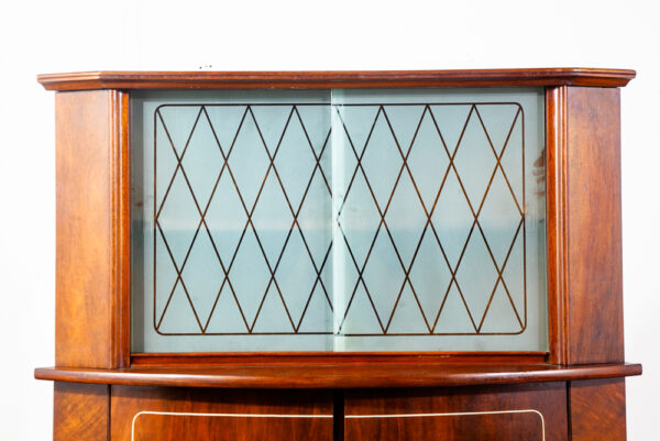 Mid Century Danish Corner Cabinet Bar Liquor Teak Glass Round Front Locking Denmark Sliding Doors  2 Tier Storage - Image 8