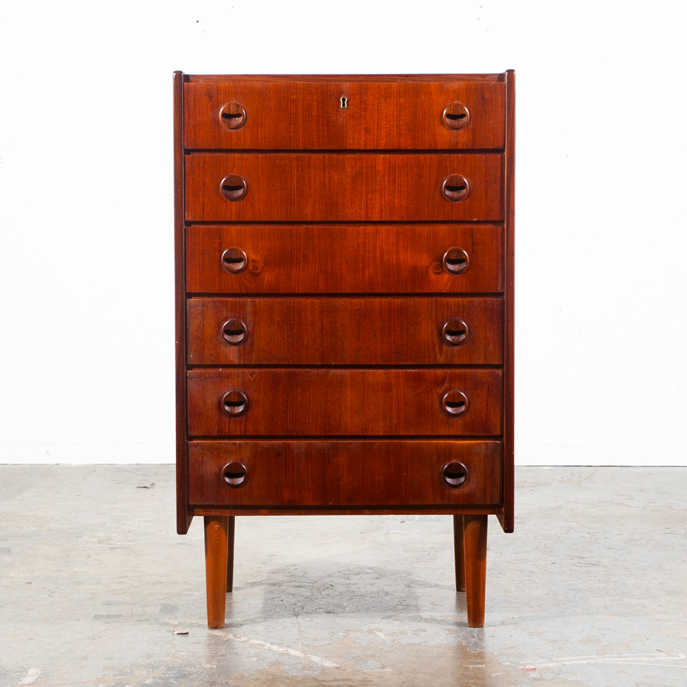 Mid Century Danish Modern Highboy Solid Teak Dresser 6 Drawer Eyelid Denmark Vintage High Tall - Image 2