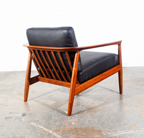 Mid Century Danish Modern Lounge Chair Folke Ohlsson Dux Sweden Black Faux Leather Solid Walnut Wood Round Back Restored - Image 5