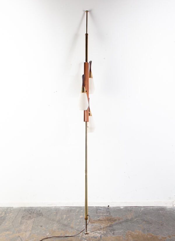 Mid Century Modern Floor Lamp Tension Pole 3 Light Solid Walnut Milk Glass Mcm Large Lighting Brass Gold Working - Image 2