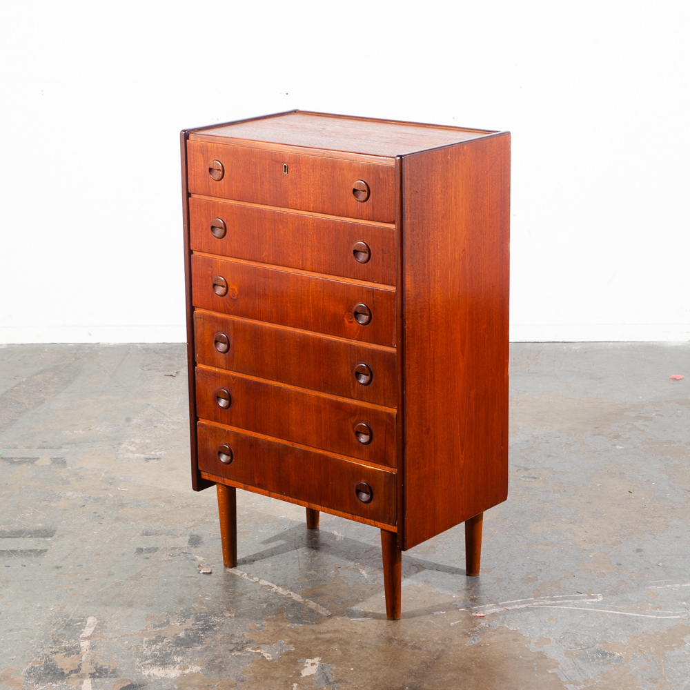 Mid Century Danish Modern Highboy Solid Teak Dresser 6 Drawer Eyelid Denmark Vintage High Tall
