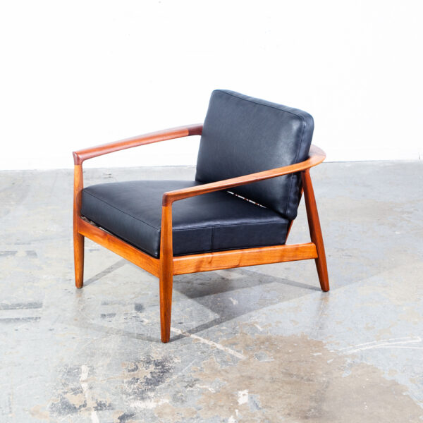 Mid Century Danish Modern Lounge Chair Folke Ohlsson Dux Sweden Black Faux Leather Solid Walnut Wood Round Back Restored - Image 3