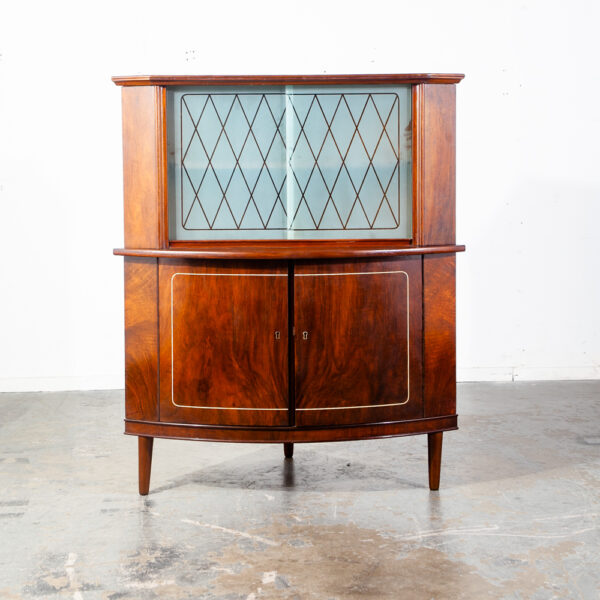 Mid Century Danish Corner Cabinet Bar Liquor Teak Glass Round Front Locking Denmark Sliding Doors  2 Tier Storage - Image 4