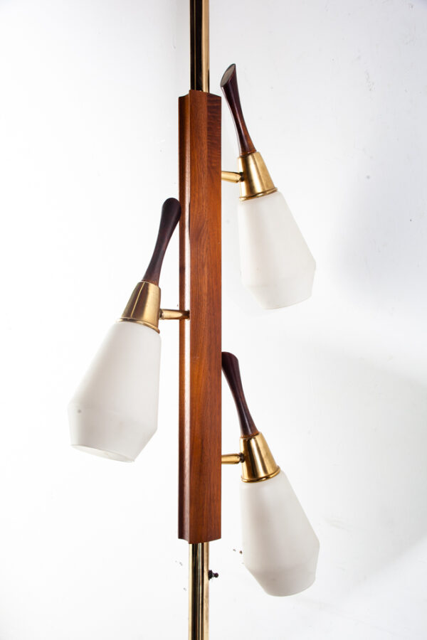 Mid Century Modern Floor Lamp Tension Pole 3 Light Solid Walnut Milk Glass Mcm Large Lighting Brass Gold Working