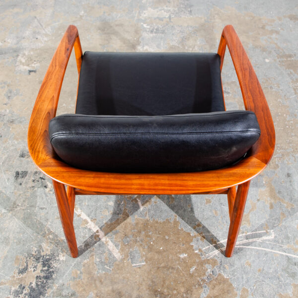 Mid Century Danish Modern Lounge Chair Folke Ohlsson Dux Sweden Black Faux Leather Solid Walnut Wood Round Back Restored - Image 7