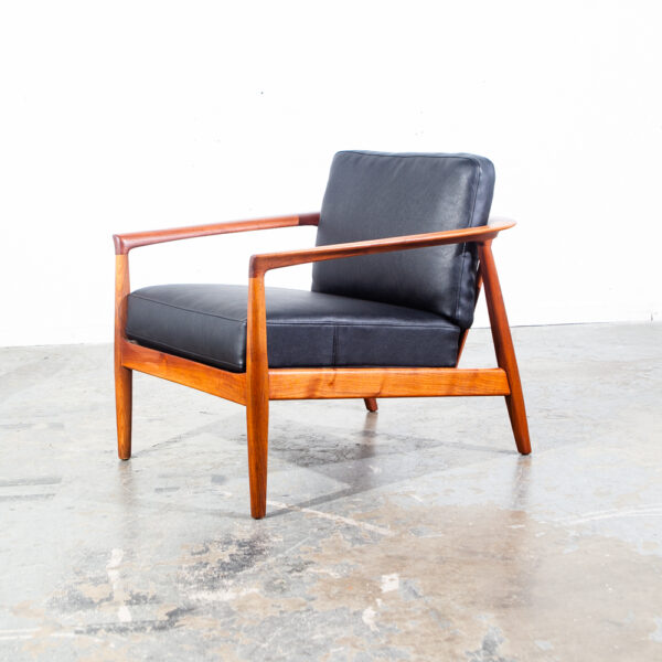 Mid Century Danish Modern Lounge Chair Folke Ohlsson Dux Sweden Black Faux Leather Solid Walnut Wood Round Back Restored - Image 6
