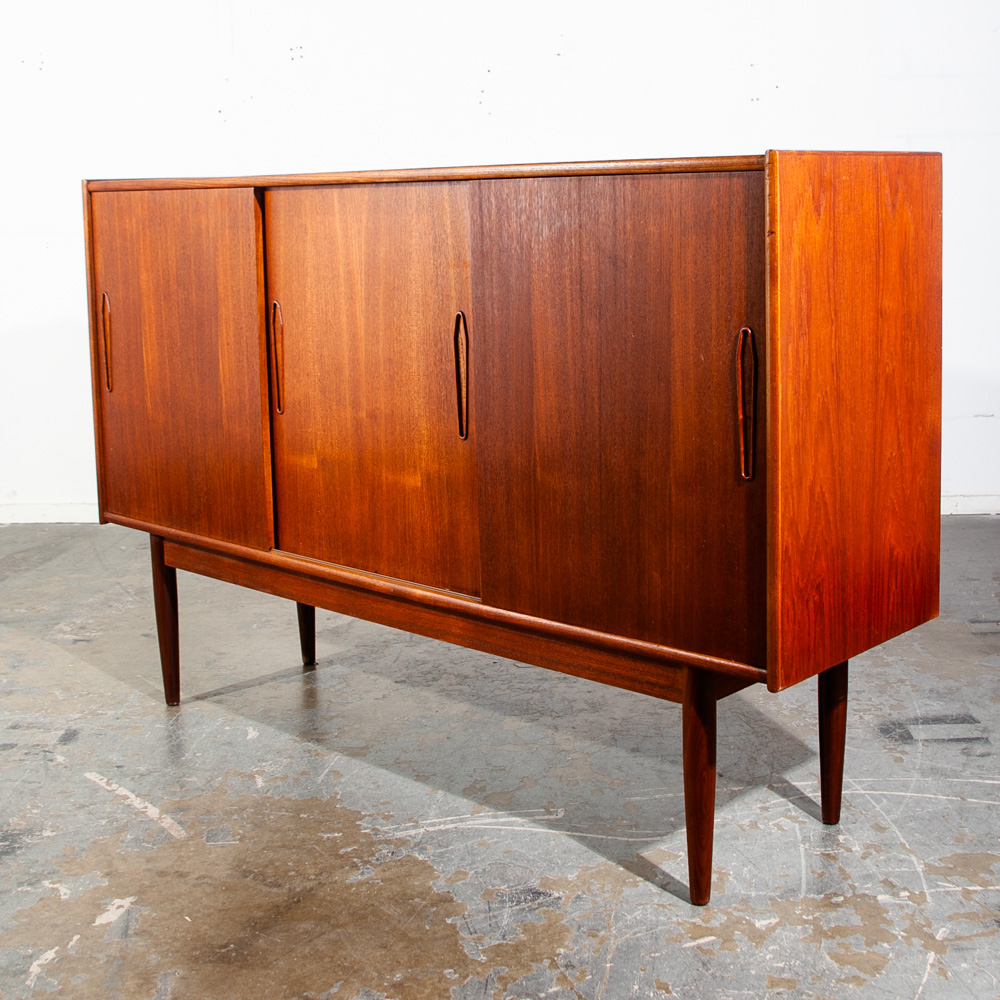 Mid Century Danish Modern Credenza Sideboard Teak Sliding Doors Denmark Vintage Storage Teak Drawers - Image 2