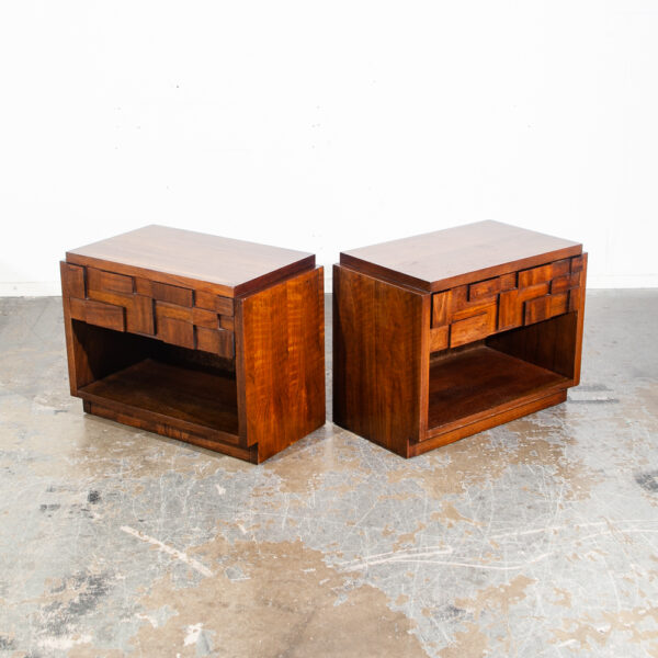 Mid Century Modern Nigtstands End Side Tables Lane Mosaic Pueblo Brutalist Pair Set Paul Evans Vintage Drawer Abstract Art - Image 3