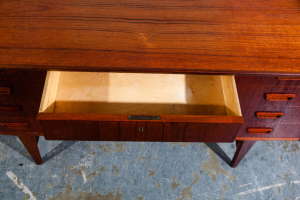 Mid Century Danish Modern Desk Executive Solid Teak Floating 9 Drawer Bookshelf Office Restored Locking - Image 8
