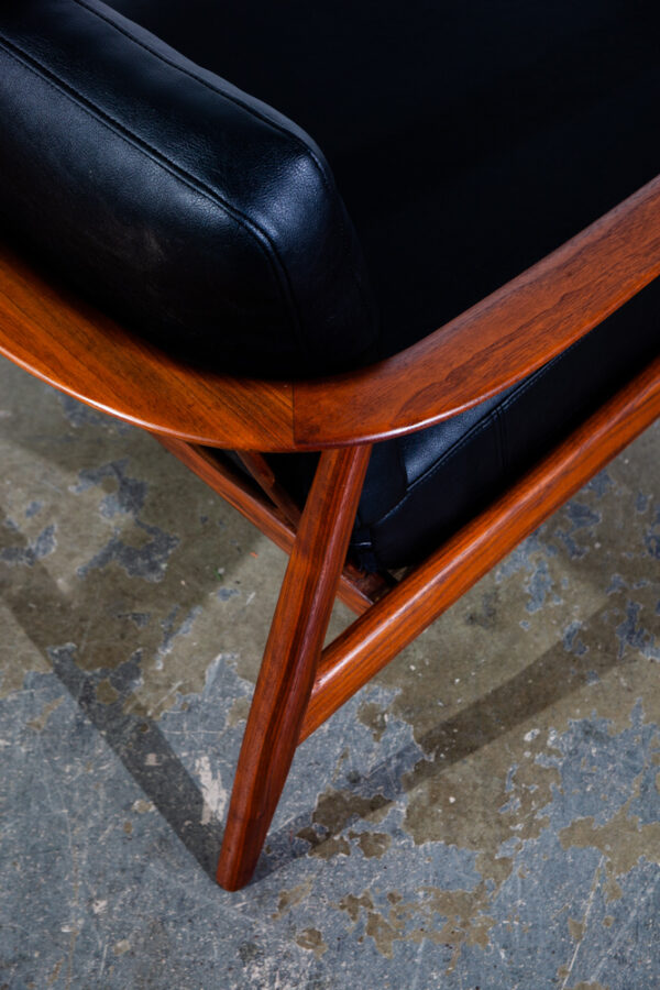 Mid Century Danish Modern Lounge Chair Folke Ohlsson Dux Sweden Black Faux Leather Solid Walnut Wood Round Back Restored - Image 8